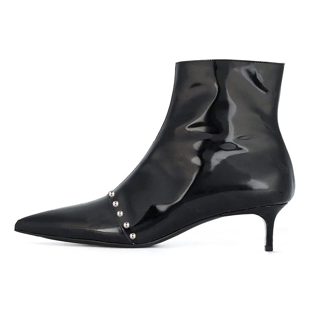 Black Patent Leather Pointed Toe Kitten Heel Ankle Boots with Studs