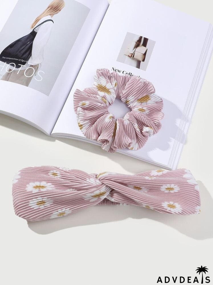 Floral Print Scrunchie & Twist Decor Hair Band