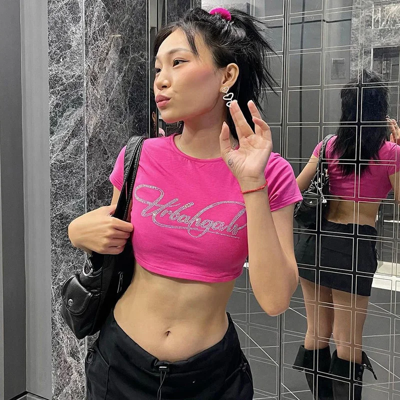 Zingj 2024 Round Collar Hot Diamond Letter Babes Short Top In Niche Summer Fashion Casual T-Shirt Girl
