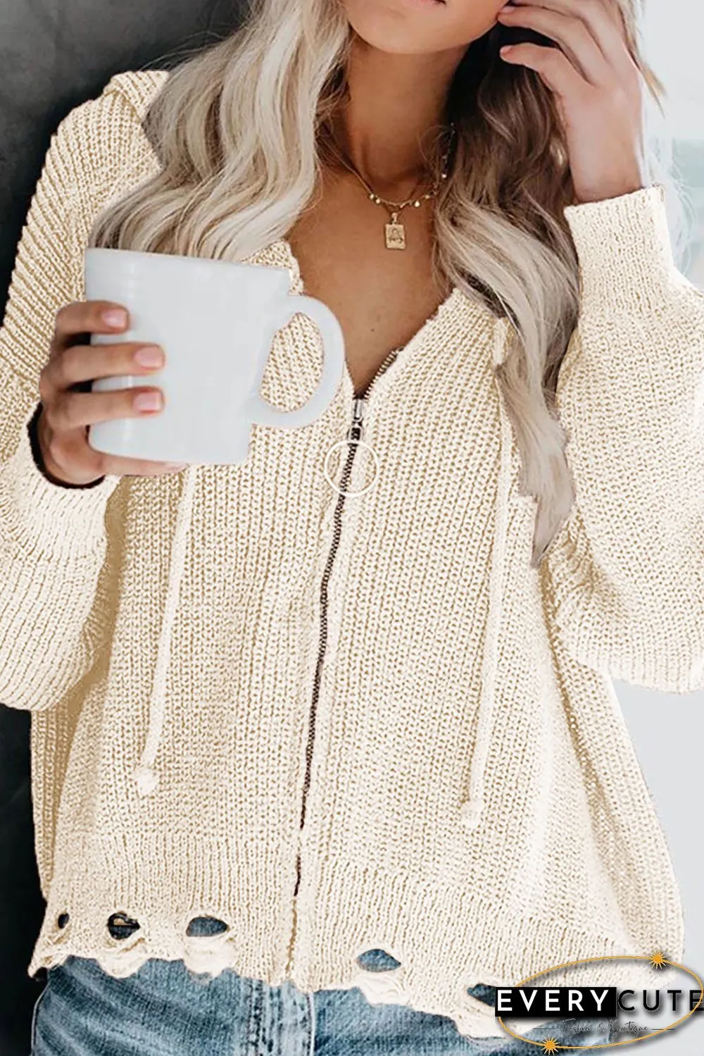 Zipper V-neck Dropped Sleeve Hooded Solid Sweater