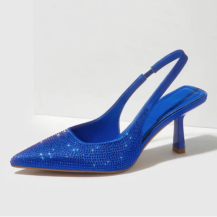 Blue Satin Sparkling Heels Pointed Toe Rhinestone Slingback Pumps |FSJ Shoes