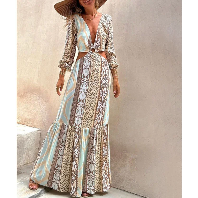 V Neck Puff Sleeve Cutout Printed Dress