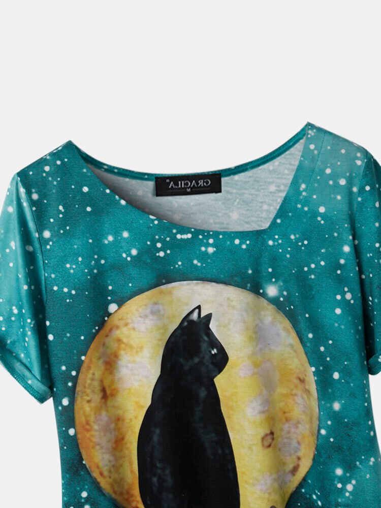 Cat Moon Printed Asymmetrical V neck Casual T shirt P1850827
