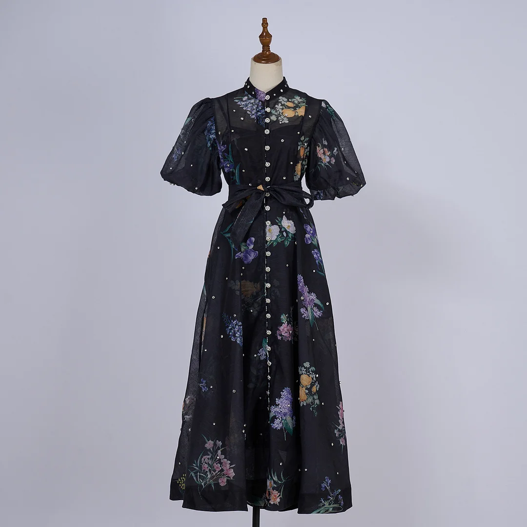 Nigikala Nigikala Court Style High Design Feeling Heavy Industry Nail Drill Short Sleeve Single Buckle Dress + Sling