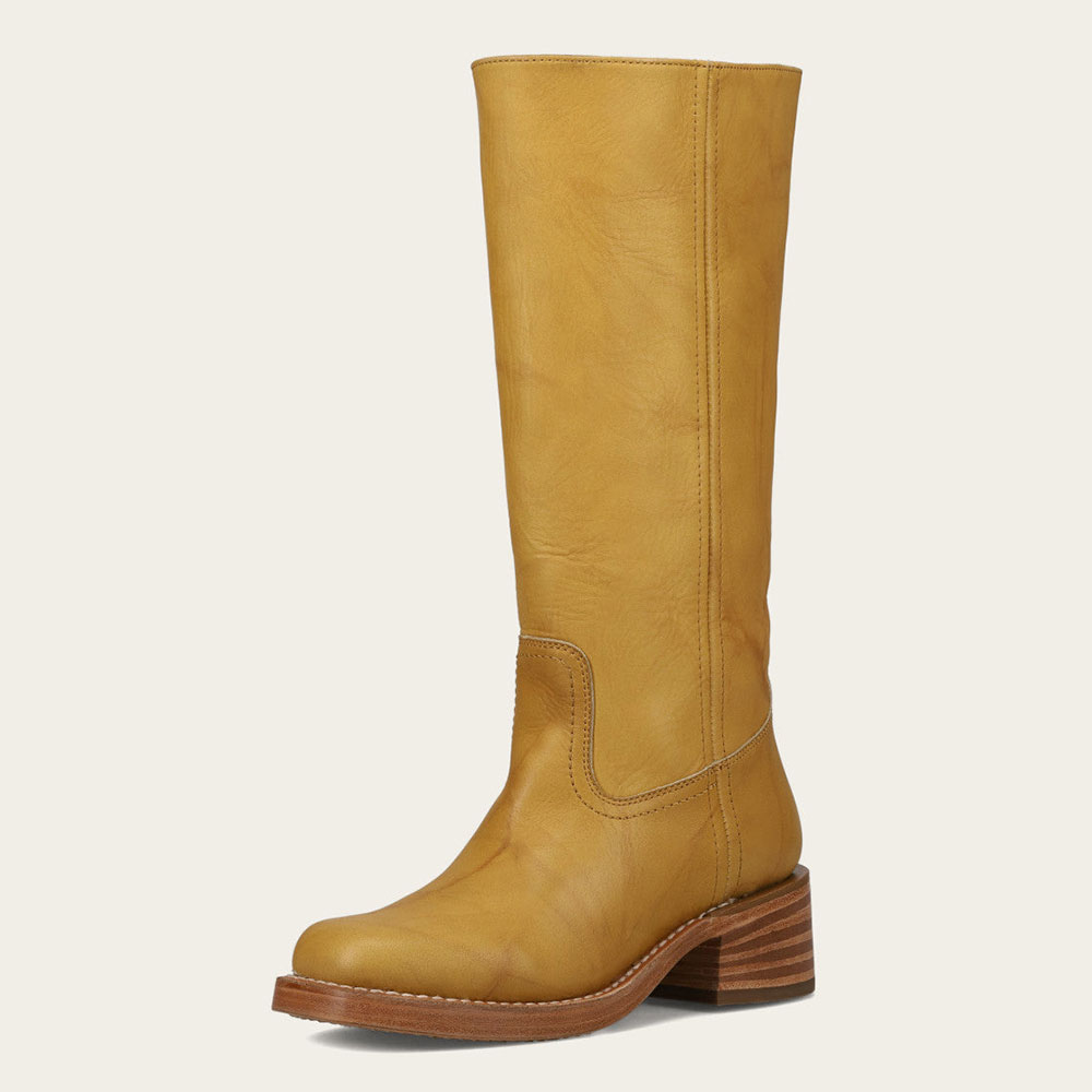 Yellow Pull-On Square Toe Block Heel Mid Calf Boots for Women Nicepairs
