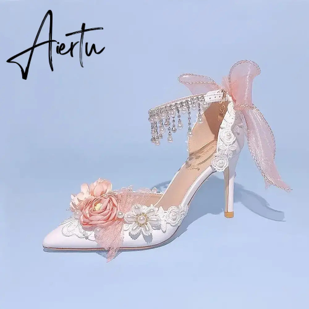 Aiertu Lolita Brode Shoes New Pearl Rhinestone Pink High Heels for Women Sweet Flower Knot Bridal Wedding Shoes Aiertu