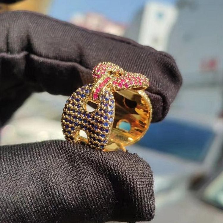 Bling Iced Out Coffee Beans Rings Marine Link Chain