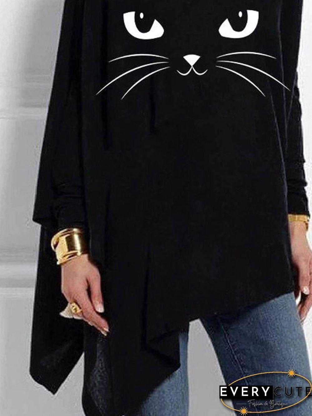 Black Casual Cat Printed Asymmetric Long Sleeve Shift Tops