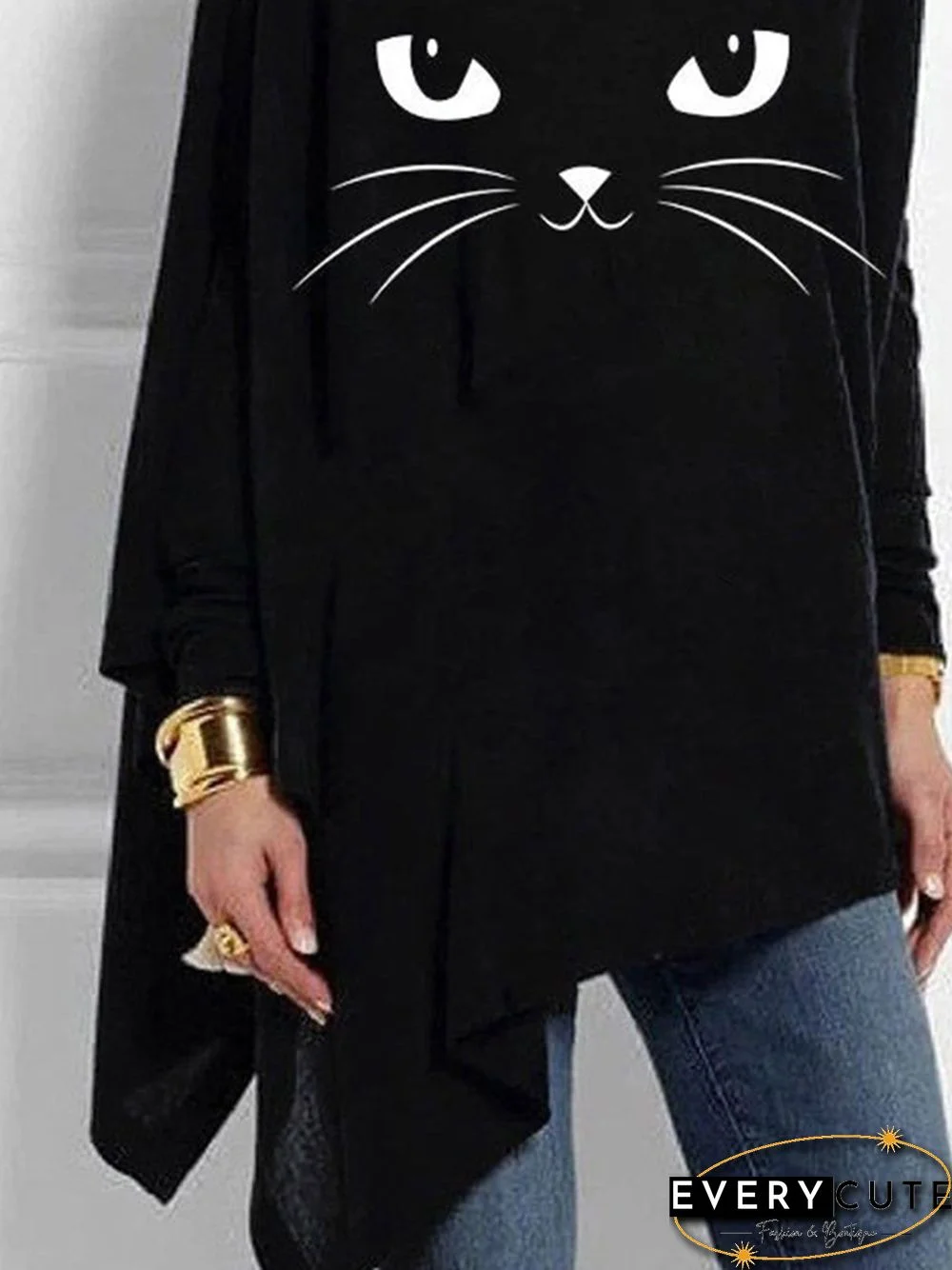 Black Casual Cat Printed Asymmetric Long Sleeve Shift Tops