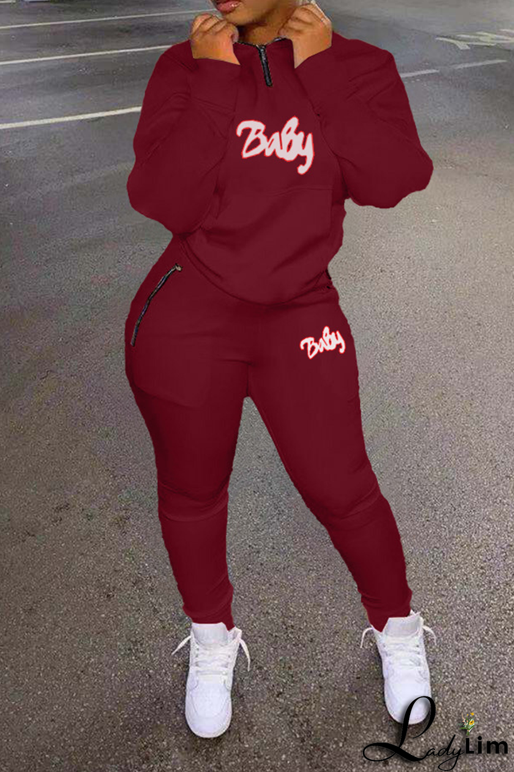 Grey Casual Print Letter Mandarin Collar Long Sleeve Two Pieces