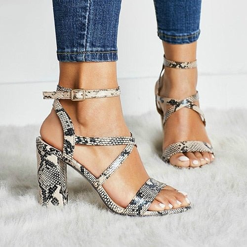 Fashion high heels Sandals sexy open toes shoes woman spring summer Snakeskin Ladies Sandals with strap footwear
