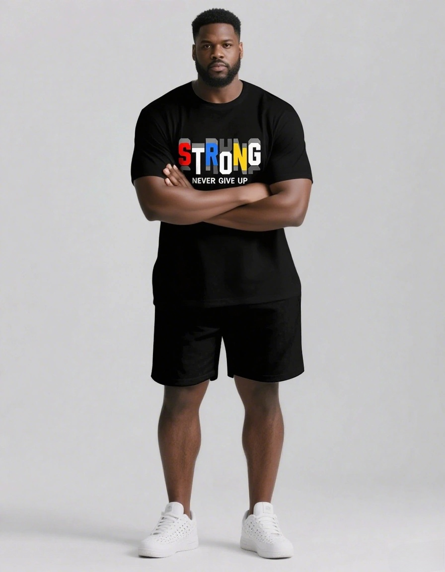 Strong Hearts Never Give Up Men's Big and Tall Colorful Lettering Short Sleeve T-shirt 2-Piece Set