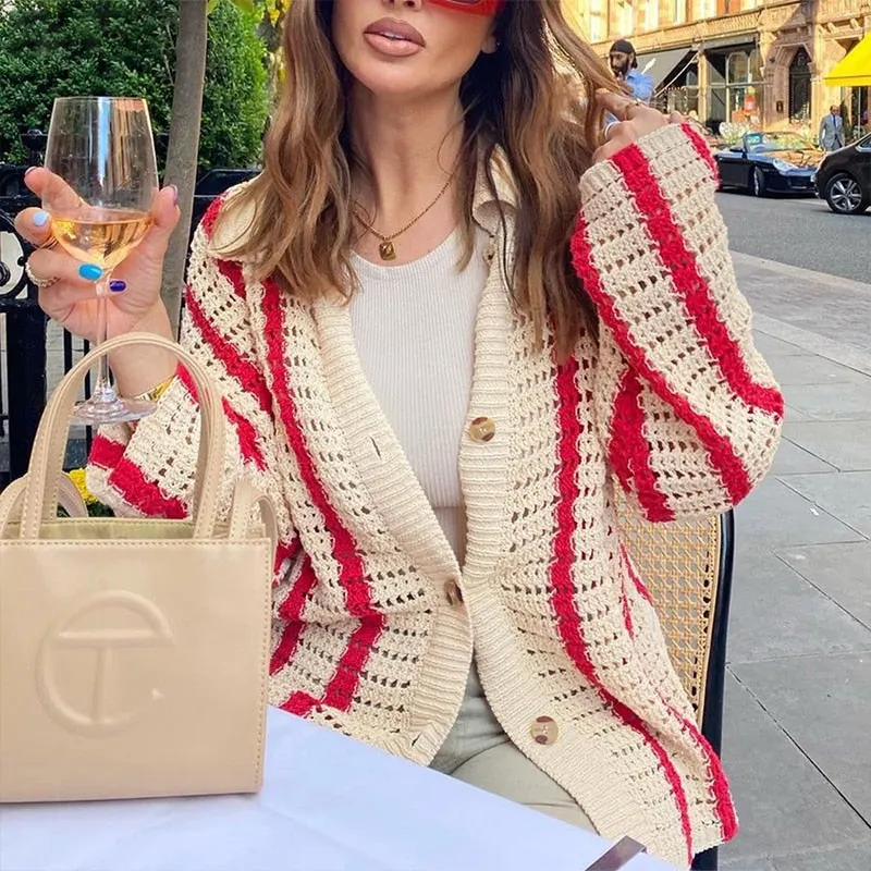 Gitana 2022 Autumn Knitted Long Sleeve Cardigan Women Red Stripe Loose V Neck Oversized Sweater Tops Fashion Casual Pullover