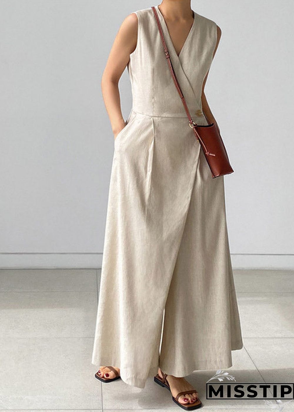 Chic Beige V Neck Button Pockets Jumpsuit Pants Summer