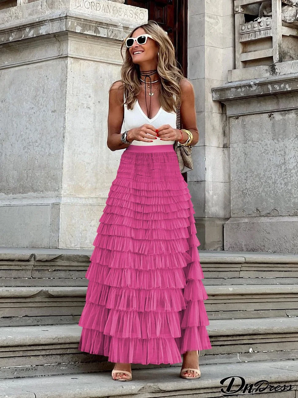 Autumn Women's Solid Color Chic Elegant High Waist A-Line Puff Mesh Long Skirt