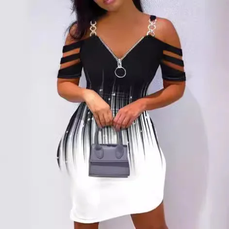 Wongn Wongn Summer Women's Sling Zipper V-Neck Print Casual Gradual Short Tight-Fitting Dress