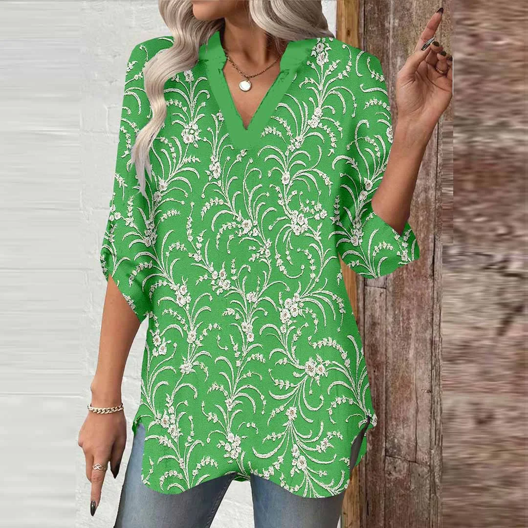 Women Leaves, Green DZGA0461 3/4 Sleeve V-neck Printed Graphic Button Tops