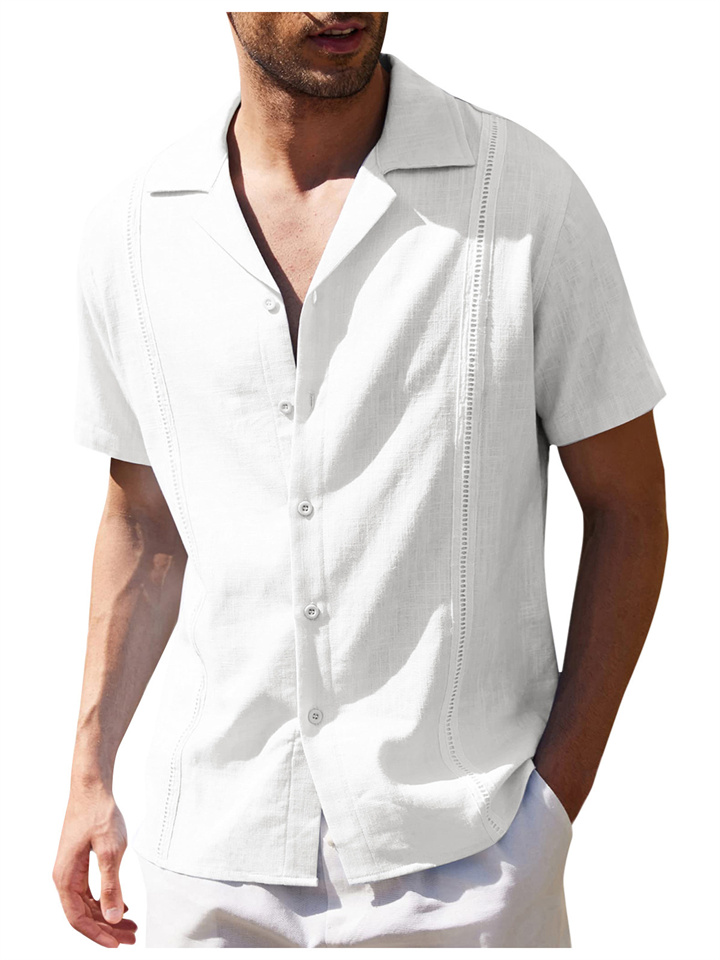 Men's Loose Simple Solid Color Lapel Casual Linen Shirt Short-sleeved Beach Shirt