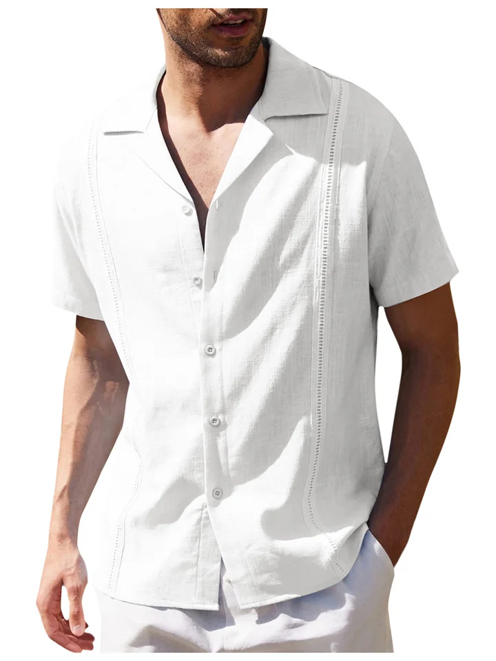 Men's Loose Simple Solid Color Lapel Casual Linen Shirt Short-sleeved Beach Shirt | 168DEAL