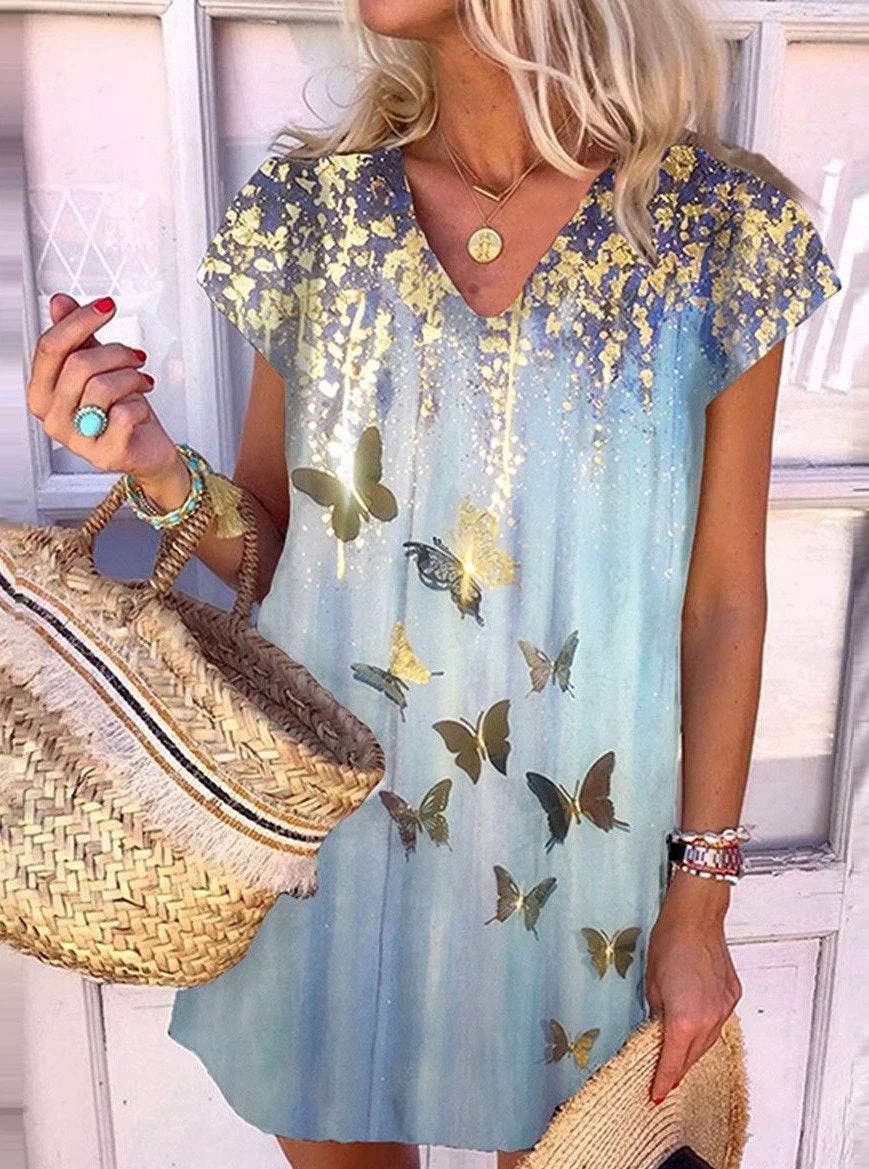 Fashion V neck Short sleeved Butterfly Print Dress | EGEMISS