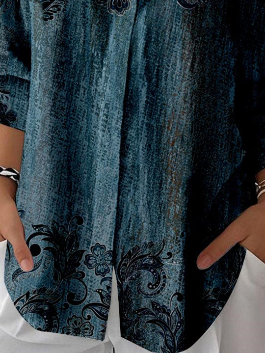 Women 3/4 Sleeve Shirt Collar Floral Printed Graphic Button Tops