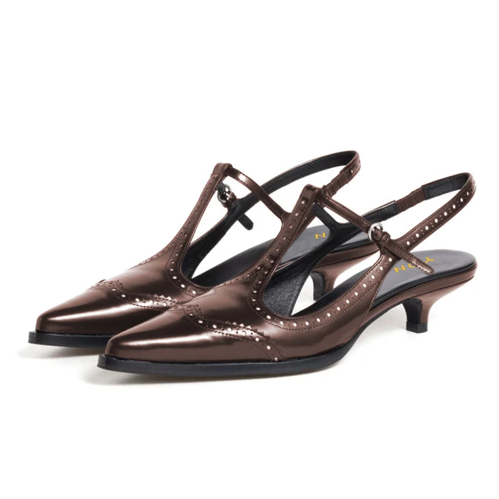 Brown Vegan Leather Pointed Toe Kitten Heel Slingback Pumps