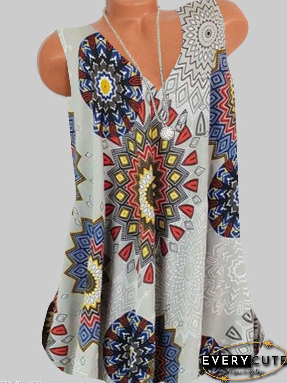 Gray Casual Floral-Print V Neck T-shirt