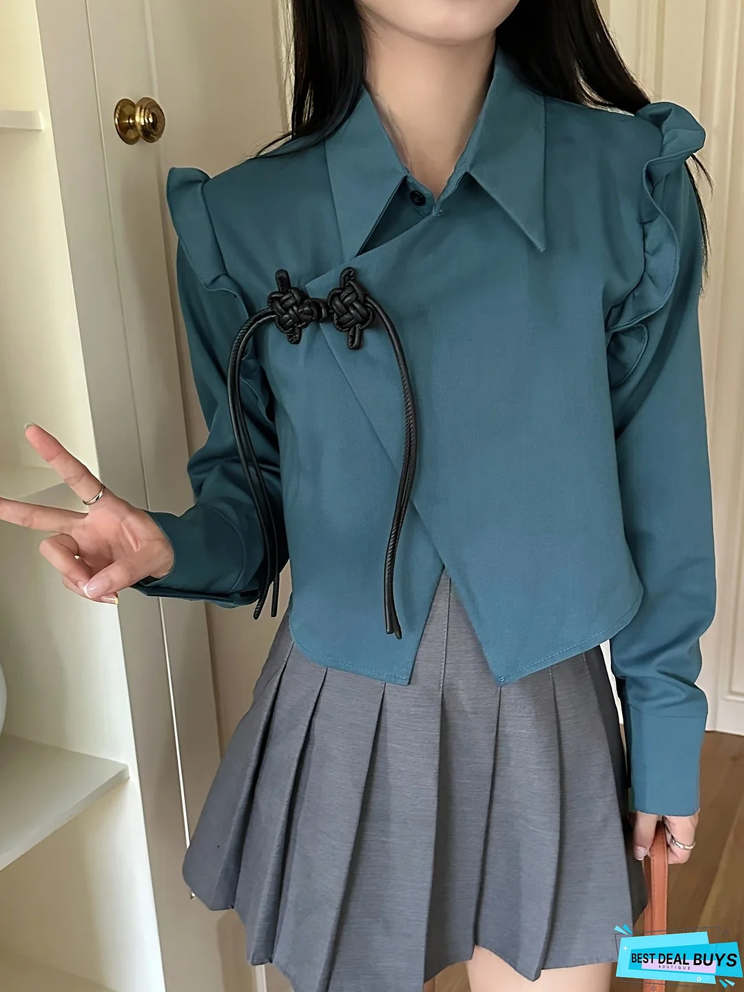 Solid Chinese Frog Button Ruffle Trim Blouse, Long Sleeve Lapel Collar Casual Blouse, Women's Clothing