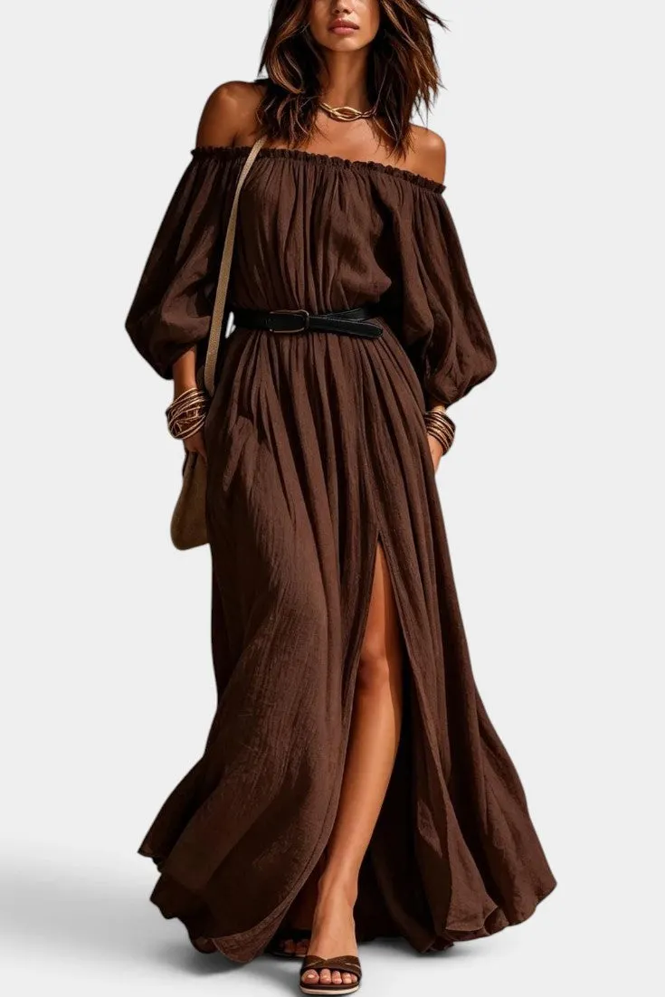 Off-Shoulder Maxi Dress with High Slit and Belt