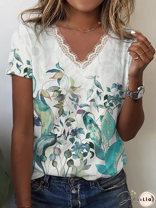 T shirt Tee Pink Blue Green Floral Lace Trims Print Short Sleeve Holiday Weekend Basic V Neck Regular Floral Painting S for Women