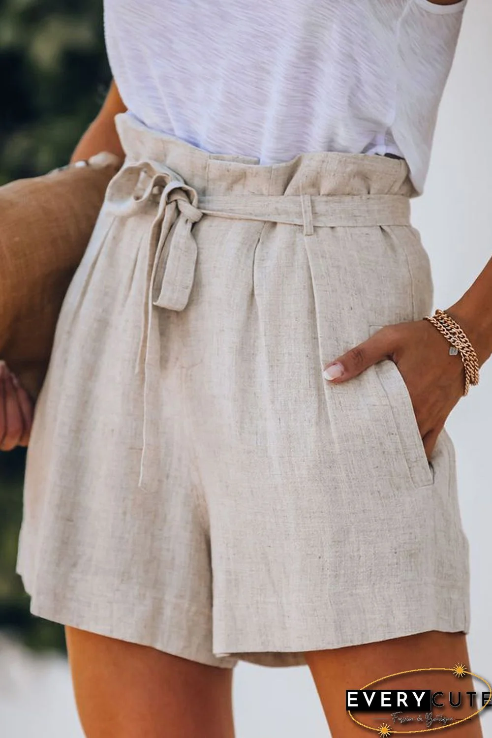 Beige Tie Waist Casual Shorts with Pockets