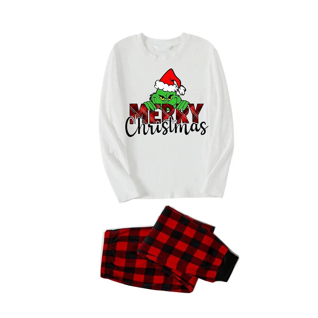 "Merry Christmas" Letter Print 2024 Green Elf Cartoon Pattern Contrast White Long Sleeve with Vintage Black and Red Plaid Pants Family Matching Pajamas