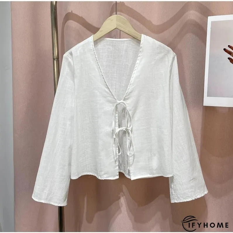 Cotton Line Tops Women Lace Up V-neck Loose Solid Shirts Female 2024 Summer New Long Sleeves Fashion Casual Soft Shirt Lady | IFYHOME