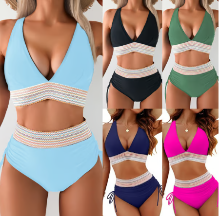  High Waisted Tummy Control Color Block Bikini Sets