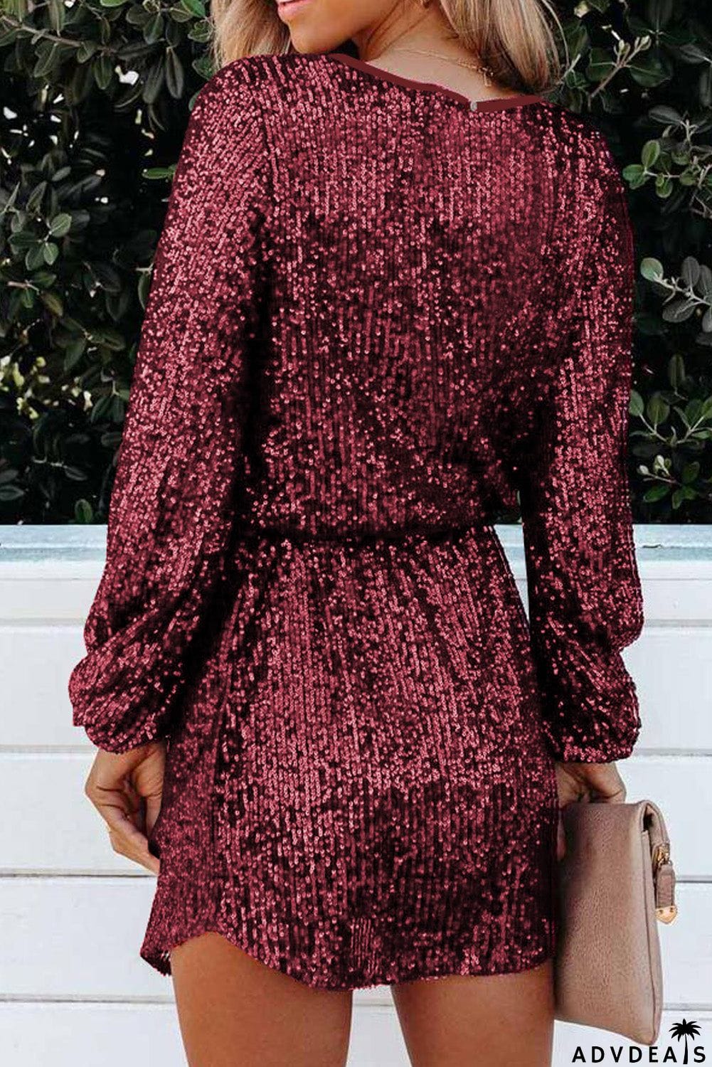 Wine Red Loose Long Sleeve Sequin Dress with Sash