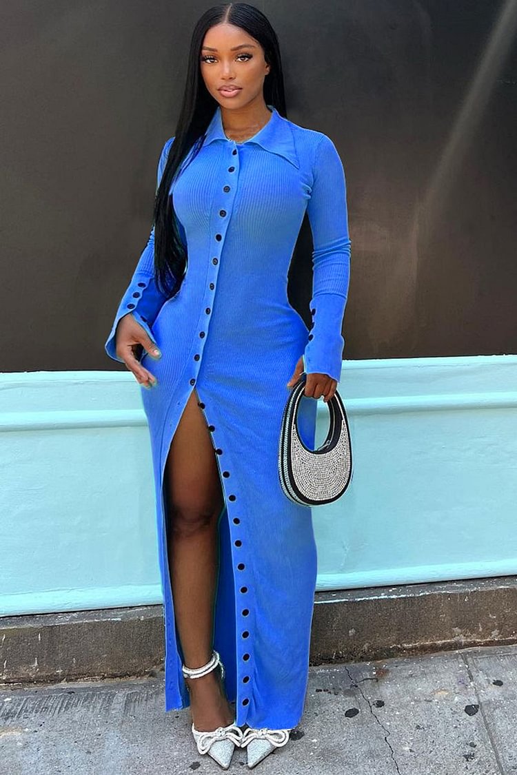 Button Lapel High Split Maxi Dress