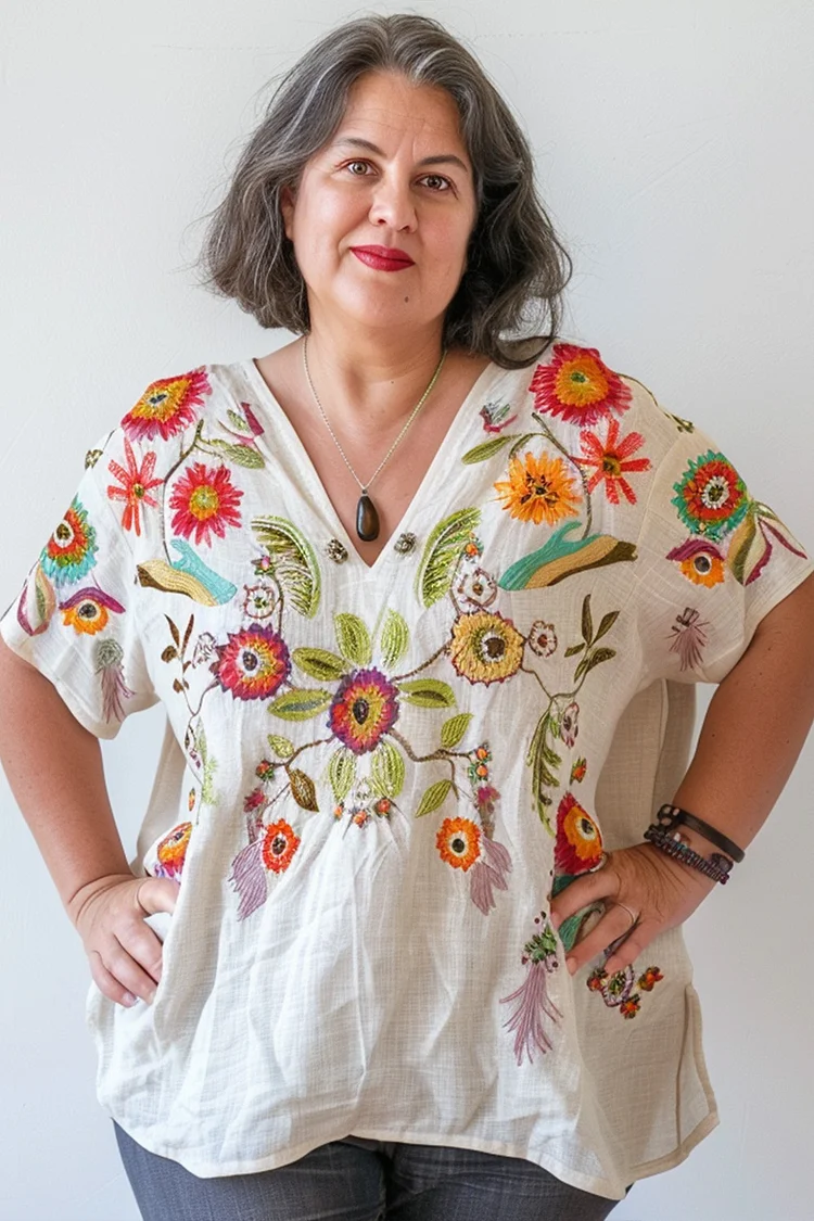 Flycurvy Plus Size Casual White Linen Wildflowers Print V Neck Half Sleeve Blouse  Flycurvy [product_label]