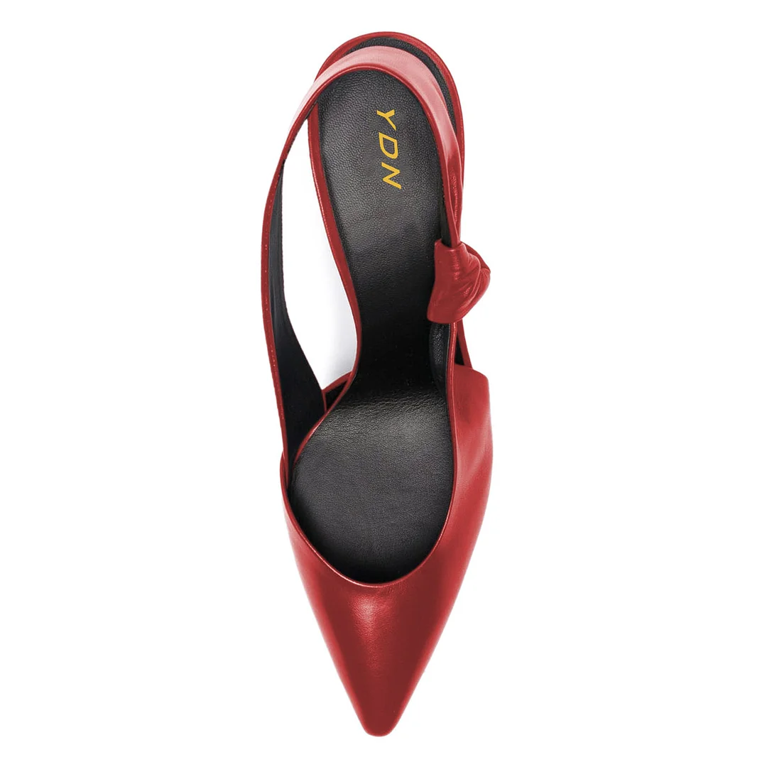 Vegan Leather Pointed Toe Knot Decor Slingback Heels in Red