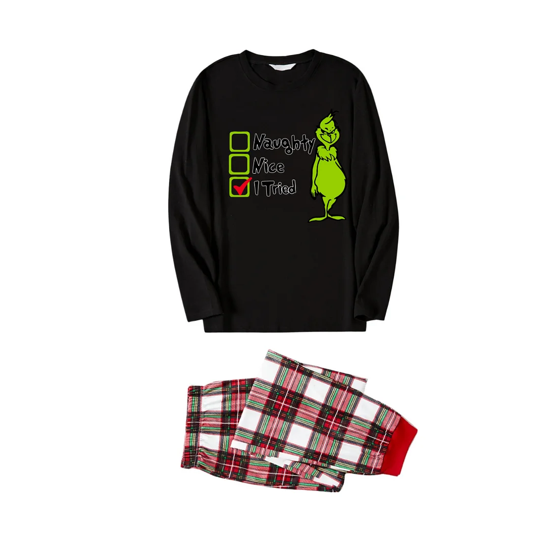 Christmas Cartoon and Text Print Black Long Sleeve Top with Red & White & Green Plaid Family Matching Pajamas
