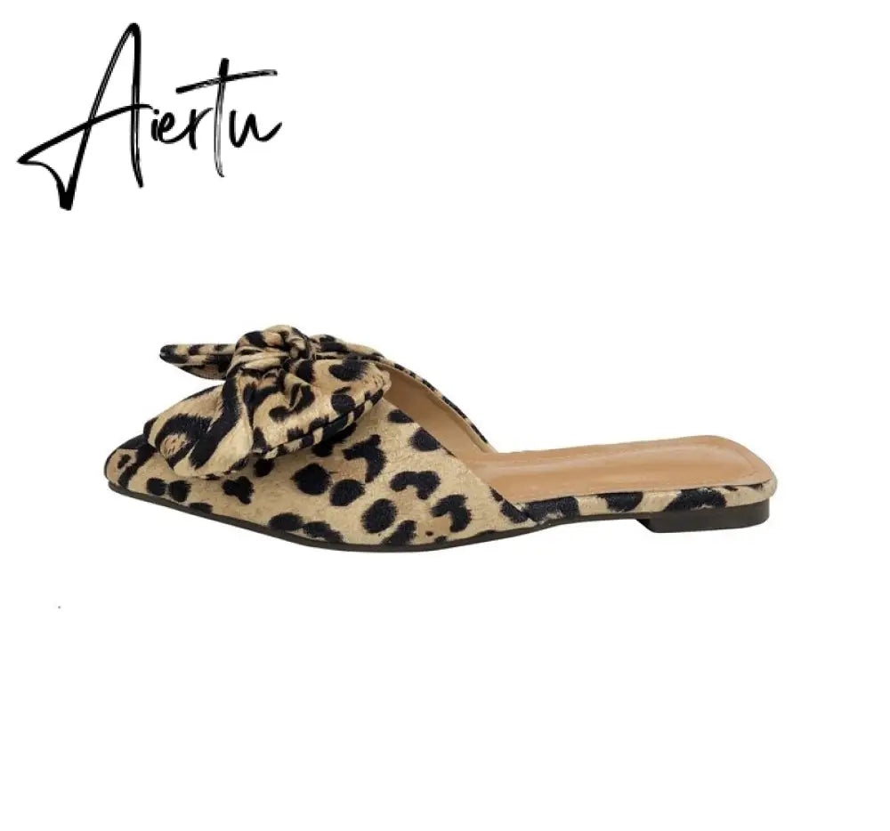 Aiertu Women Slippers Pointed Toe Leopard Bow Mules Shoes Slip On Fashion Outside Shallow Beach Shoes Slides Flats Heeled Size 35-40 Aiertu