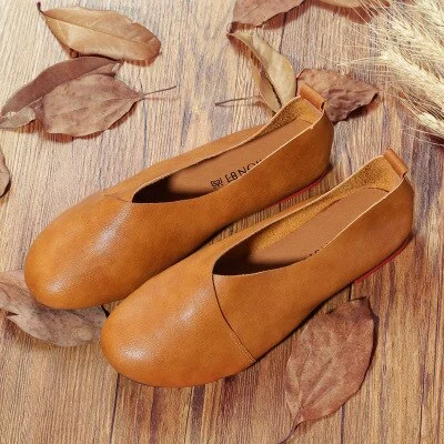 Women Handmade Vintage Leather Flats Shoes Shallow Mouth Plus Size Radinnoo.com