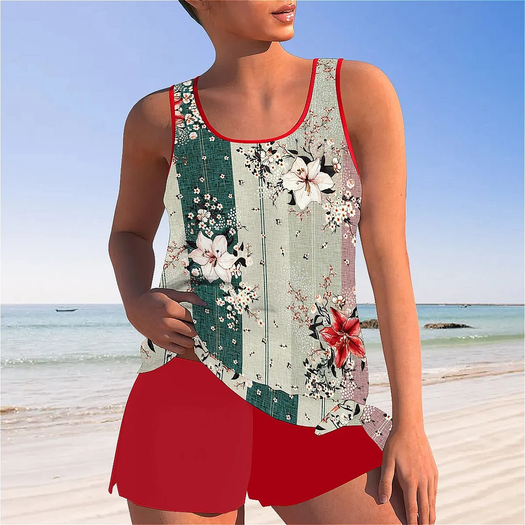Bowknot Floral,Pink,Green,Stitch Mid Waisted Tankini Set - Plus Size Available