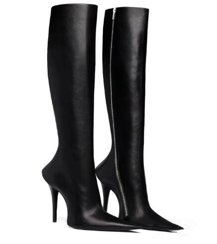 VCSHOES Black Matte Leather Pointed Toe Zipper Side Decor Stiletto Thin Heels Knee High Boots Women Run Way Party Botas Shoe