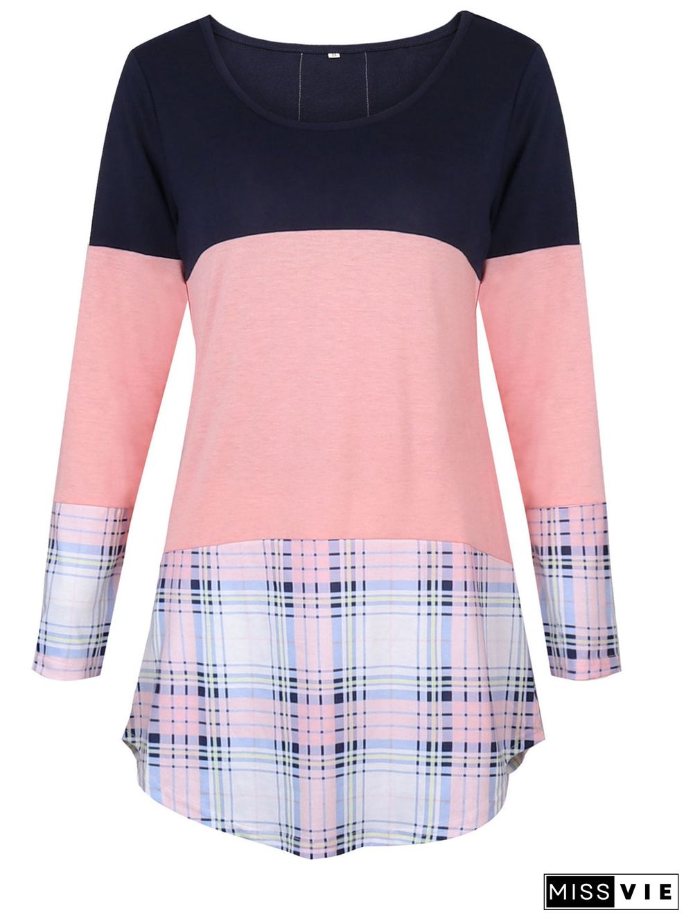 Women's Scoop Neck Long Sleeve Plaid Tops