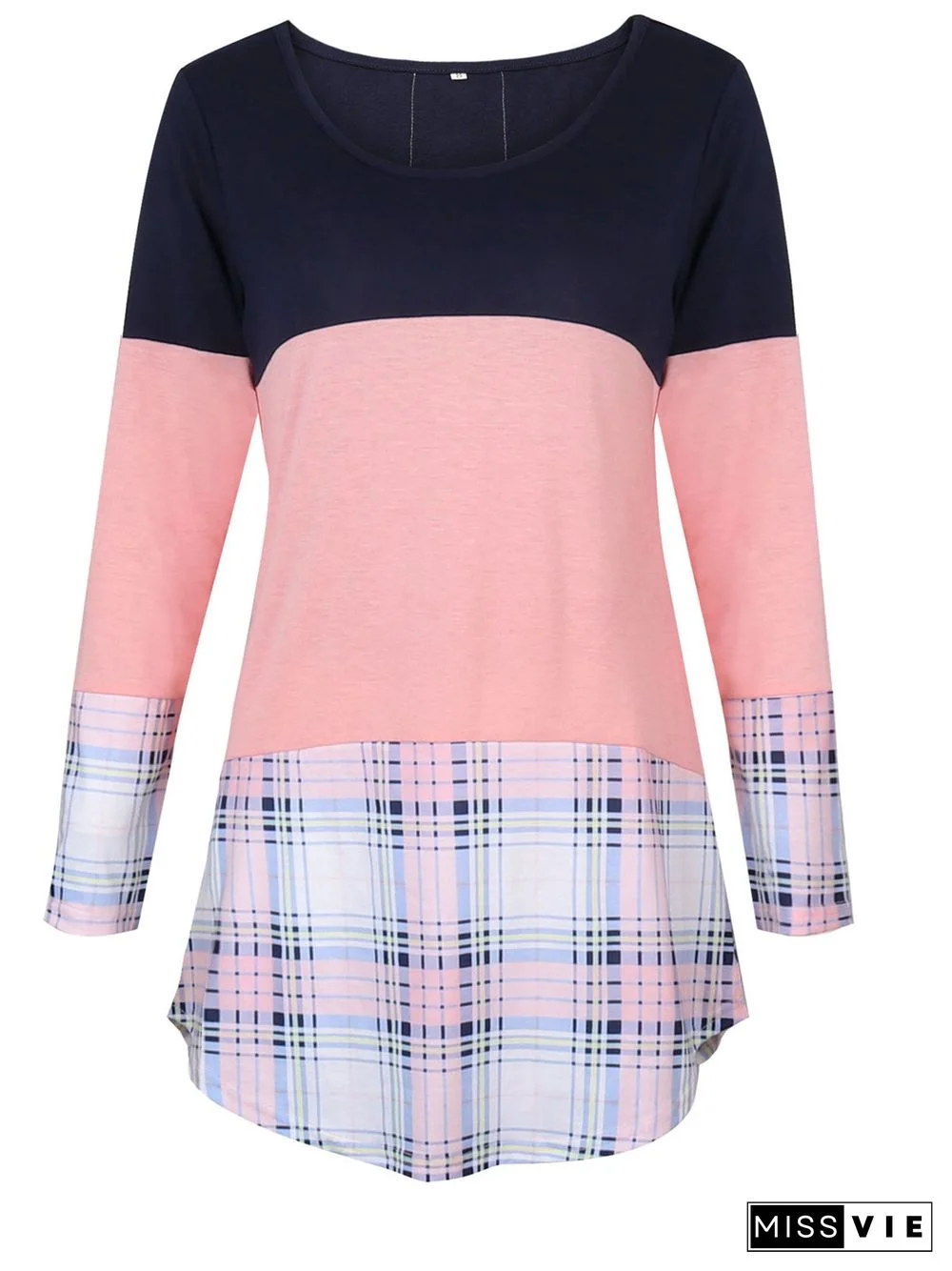 Women's Scoop Neck Long Sleeve Plaid Tops