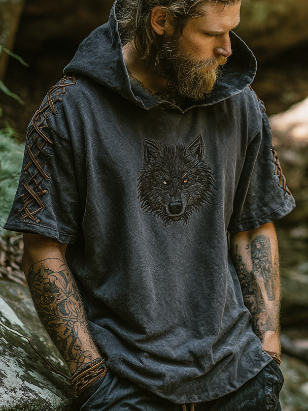 Men's Viking-Inspired Wolf Celtic Knot Short Sleeve Linen Hooded Shirt / Rvogue / Rvogue