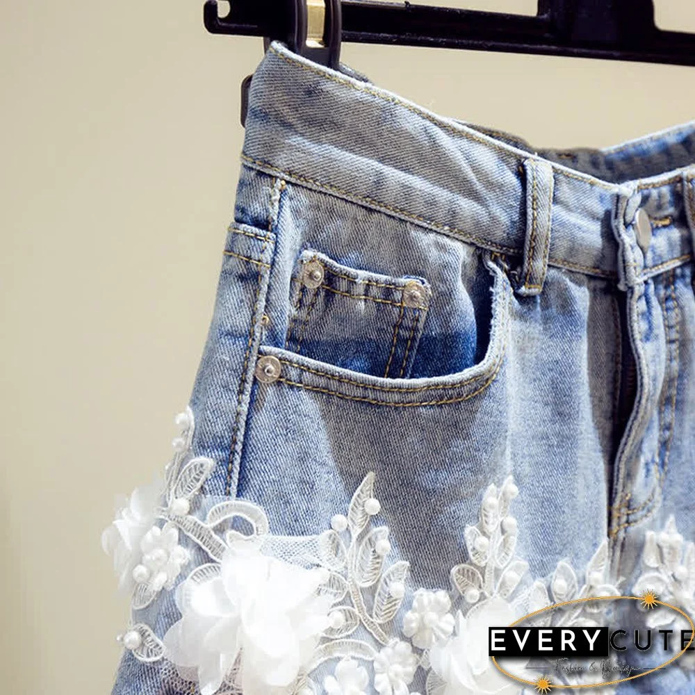 Blossom Embroidery Lace Denim Shorts