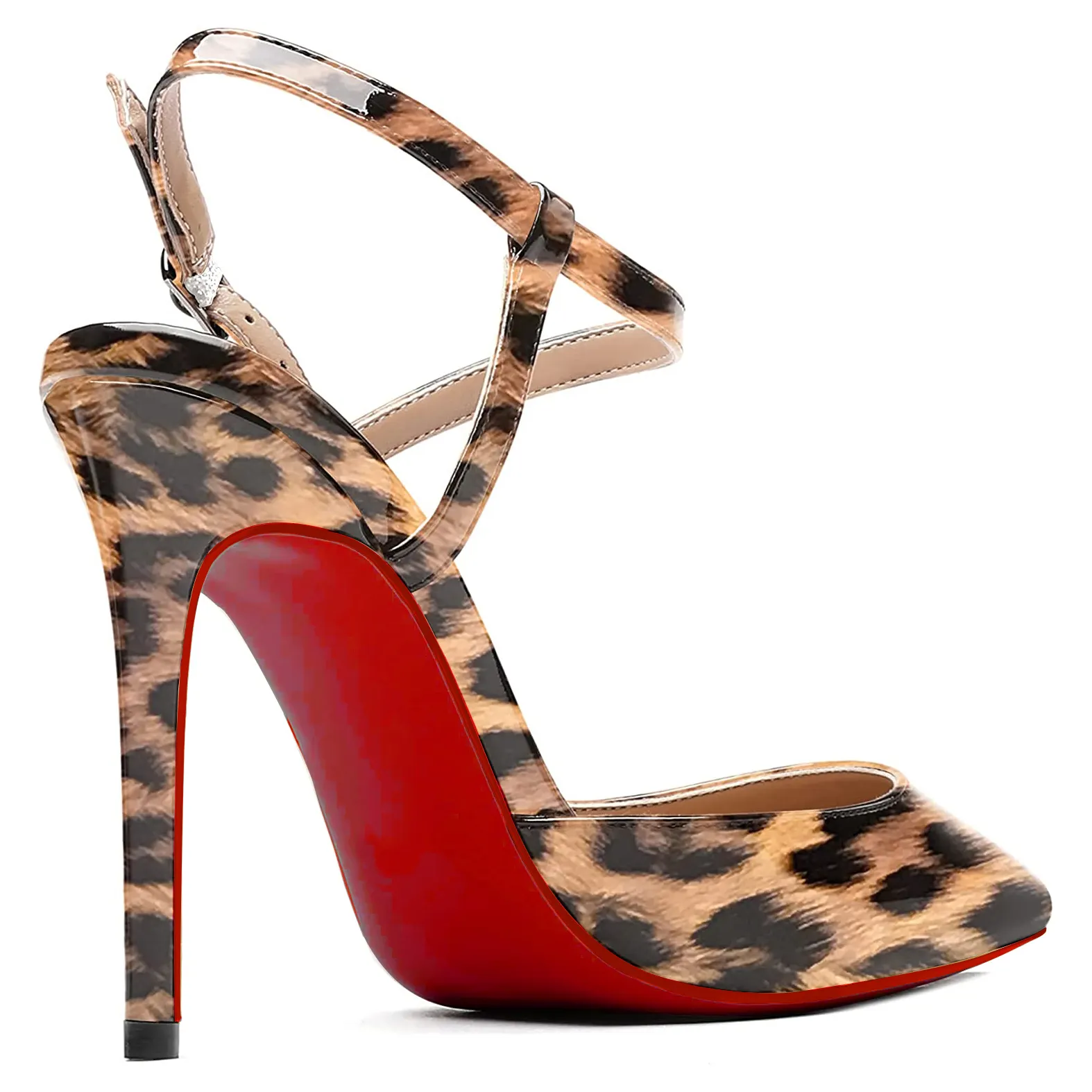 100mm Women Slingback Patent Pumps Ankle Strap Jenlove Stiletto Mid Heel Close Pointed Toe Dress Red Bottoms Shoes