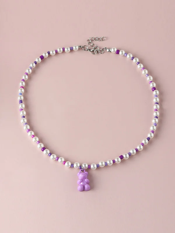 Stylish Selection Beads Bear Shape Pendant Contrast Color Necklaces Accessories