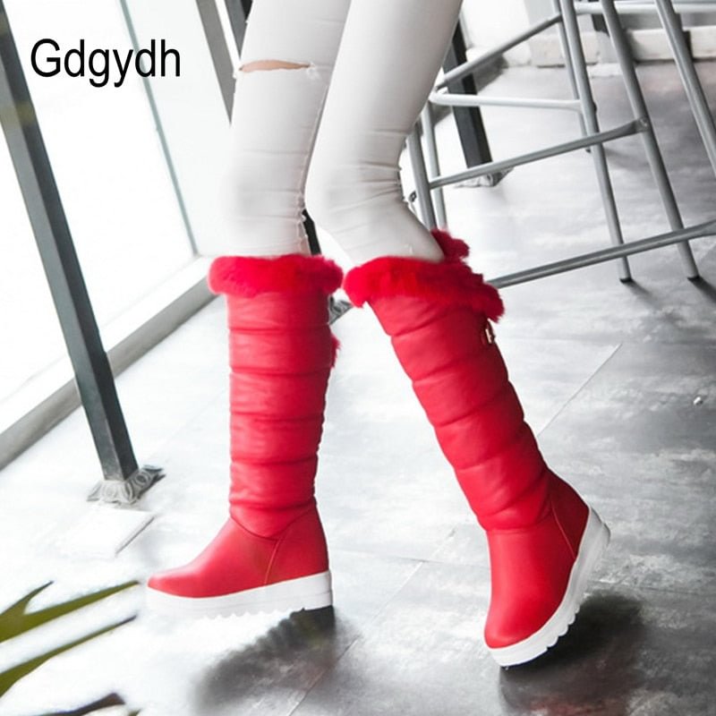Gdgydh Knee High Boots Red Winter Shoes Warm Women Snow Boots Height Increasing Buckle Ladies Wedges Boots Plush Plus Size 42